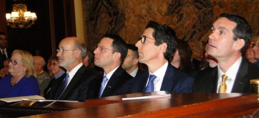 L-R: Gov. Wolf, AG Shapiro, Treasurer Torsella and Auditor General DePasquale at the swearing-in