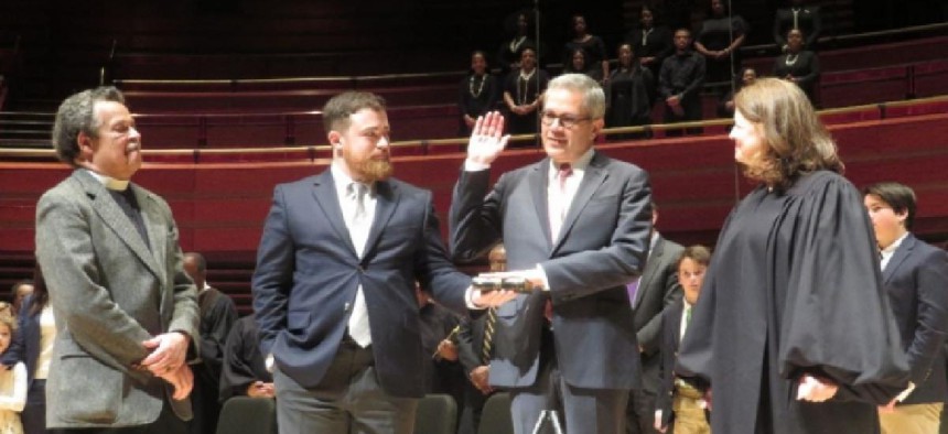 Philadelphia DA Larry Krasner was sworn in by his wife, Judge Lisa Rau. Photo by Tony West