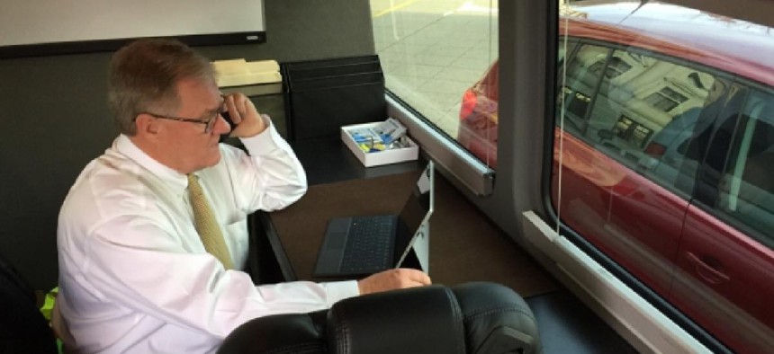 State Sen. Scott Wagner, a GOP challenger to Gov. Tom Wolf, in his mobile office. Photo by Colt Shaw