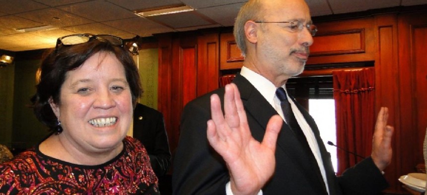 Mary Isenhour, left, and Gov. Tom Wolf