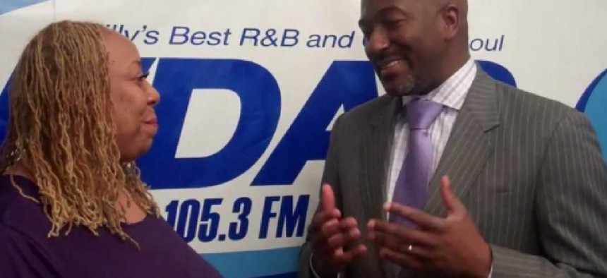 Kevin Johnson, right, talks with WDAS radio personality Patty Jackson - image from YouTube