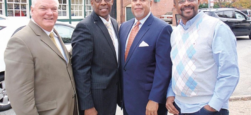 State Rep. Bill Keller, left, poses with Philadelphia City Council President Darrell Clarke, state Sen. Anthony Williams and Philadelphia Sheriff Jewell Williams on Election Day 2014