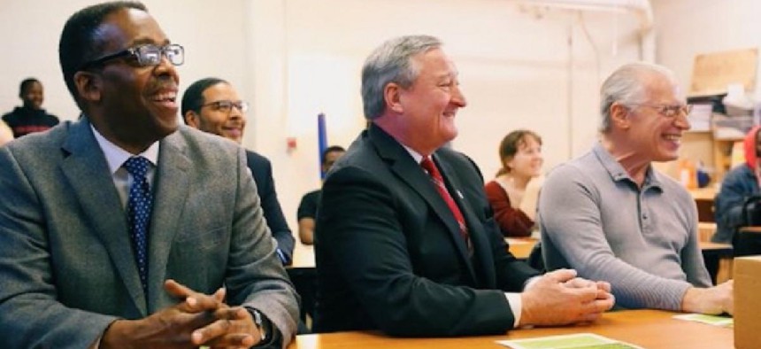 Philadelphia City Council President Darrell Clarke, left, and Mayor Jim Kenney, center