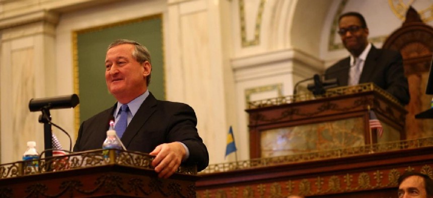 Philadelphia Mayor Jim Kenney during last year's budget presentation – photo from Flickr