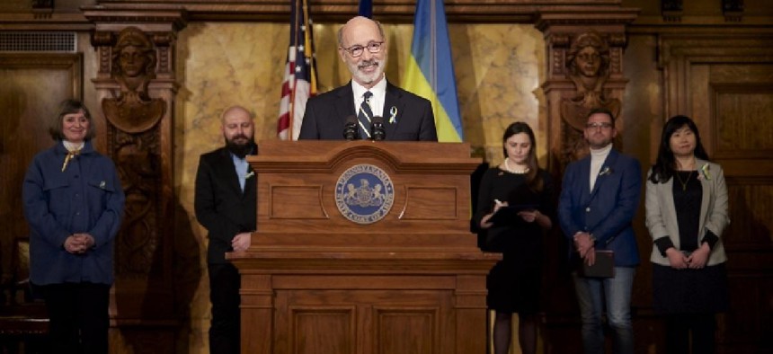 Gov. Tom Wolf speaks at a press conference in Harrisburg