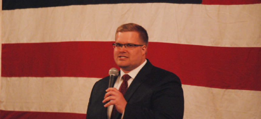 Thomas Kutz speaks to a crowd of supporters at his campaign launch