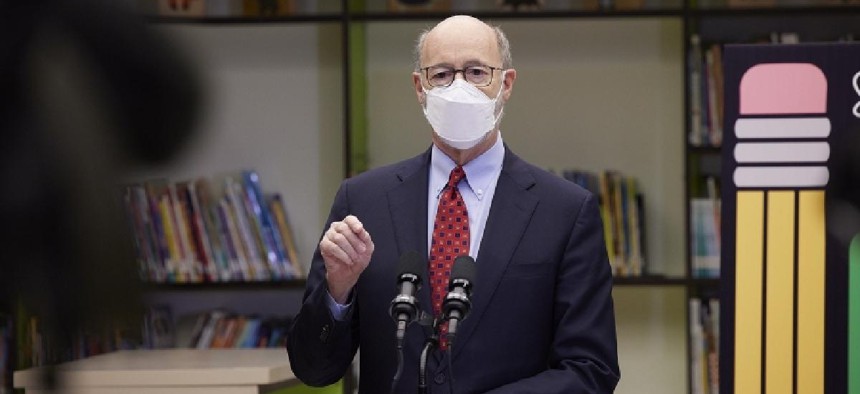 Tom Wolf speaks at a February press conference on school funding