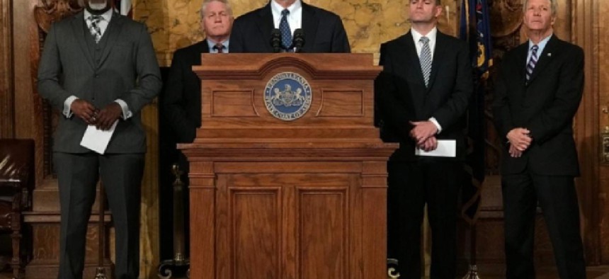 Gov. Tom Wolf, center, announces his support for the latest severance tax proposal yesterday, flanked by (l-r) state Rep. Jake Wheatley, state Sen. Bernie O'Neill, state Sen. John Yudichak and state Sen. Tom Killion – image via Gov. Wolf's Twitter account