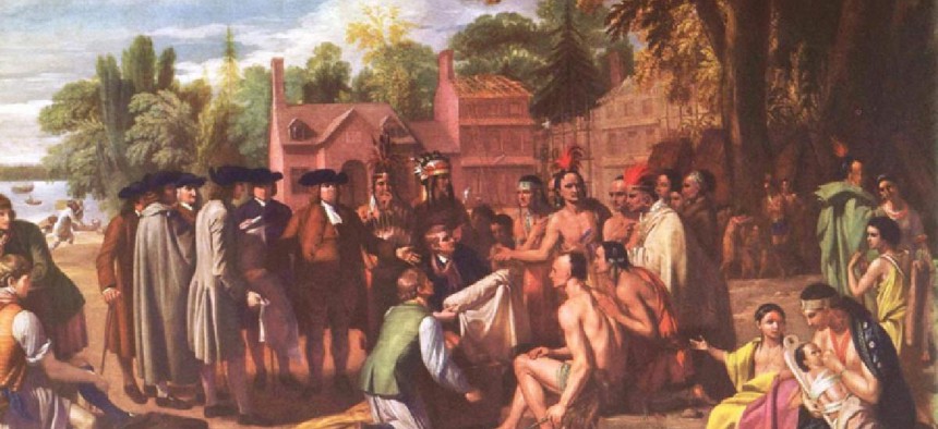 "The Treaty of Penn with the Indians" by Benjamin West Depicts a legendary 1683 peace agreement between William Penn and members of the Lenape Tribe on the Delaware River. 