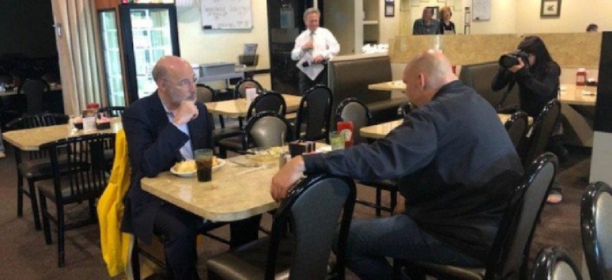Gov. Tom Wolf, left, meets with his new running mate, Democratic nominee for lieutenant governor John Fetterman, following Fetterman's win in Tuesday's primary. From Wolf's Twitter page