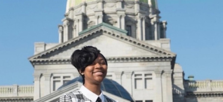 Shania Bennett, standing in front of the state Capitol - image provided