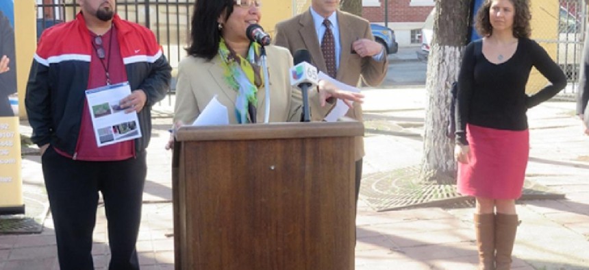 Philadelphia City Councilwoman Maria Quiñones-Sánchez, center at podium