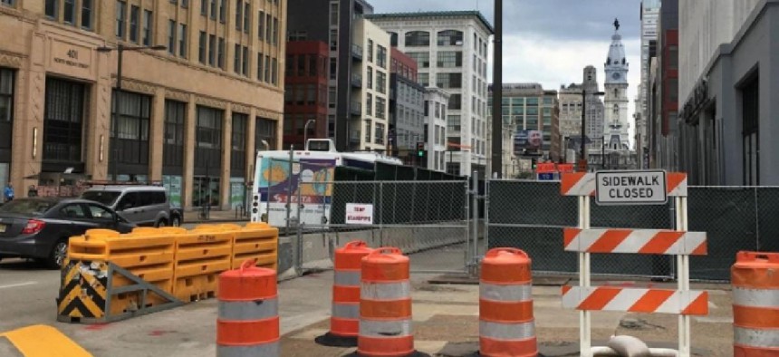 The western side of the 400 block of North Broad Street, where construction has closed off both the sidewalk and the bike lane – photo by Dena Driscoll