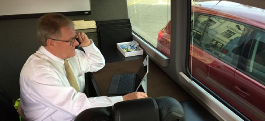 PA Sen. and GOP gubernatorial hopeful Scott Wagner in his mobile office - photo by Colt Shaw