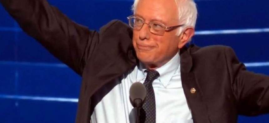 Bernie Sanders acknowledges the crowd during his DNC speech – image from YouTube