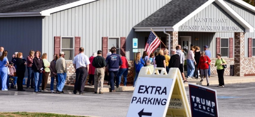 Voters waiting in line to cast their ballots in the 2016 United States Presidential Election in Mount Pleasant Township, Adams County. Photo by Bill Dowling for Shutterstock