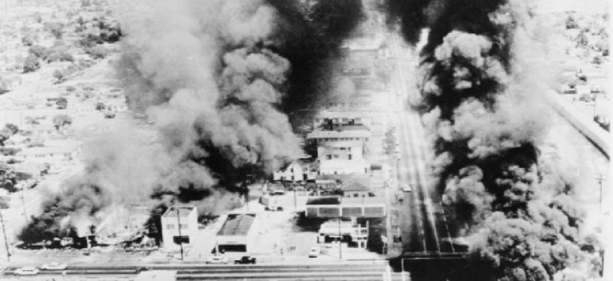 An aerial view of damage from the Watts riots, which occurred in August 1965.