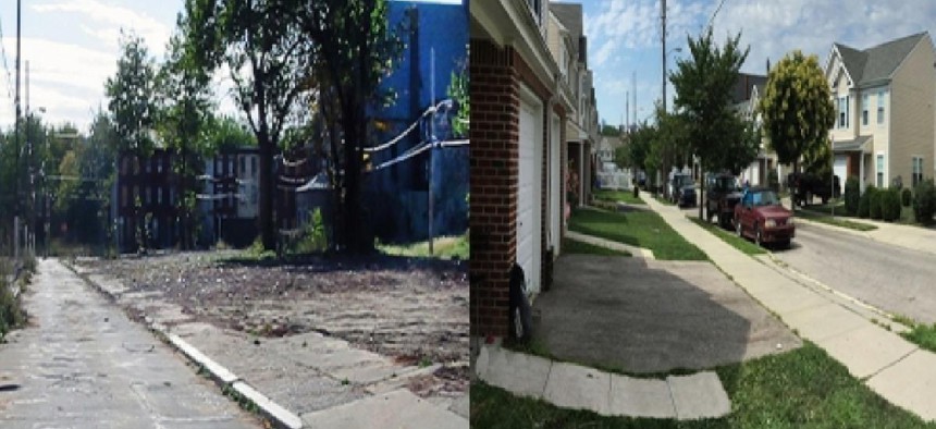 Before-and-after photos of a street reclaimed by Philadephia land bank sales.