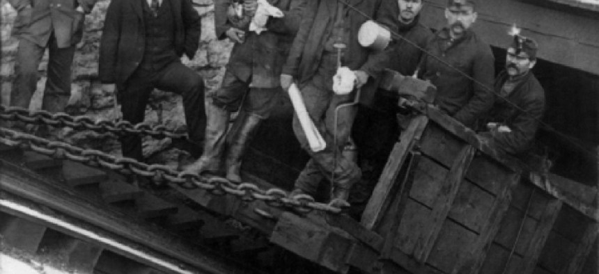 Miners descend into a Hazleton coal mine, circa 1905. Photo - Everett Historical