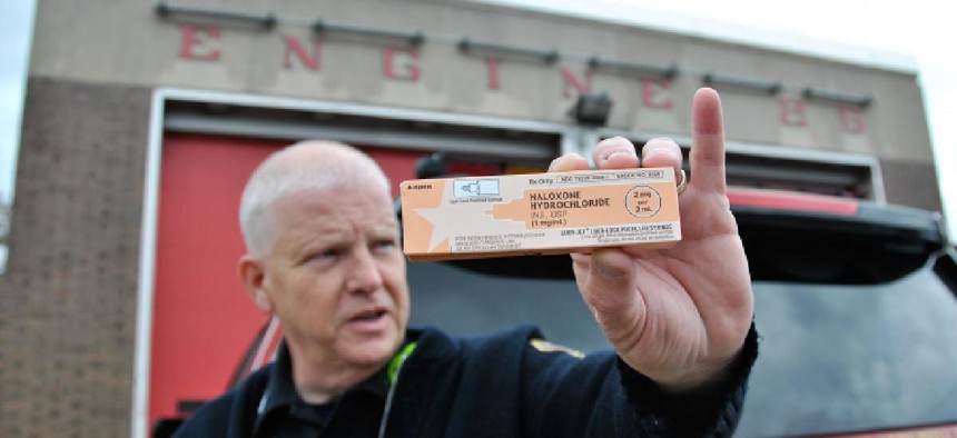 Lt. Steve McCloskey holds up a dose of naloxone outside of one of Kensington’s busiest fire and EMS stations. (Photo: Max Marin/Philadelphia Weekly)