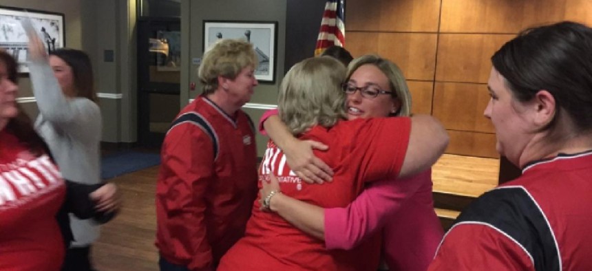 PA Rep. Martina White gets a congratulatory hug after her victory speech.