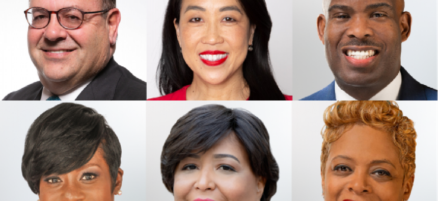 Left-Right: Allan Domb, Helen Gym, Derek Green, Cherelle Parker, Maria Quiñones Sánchez, Cindy Bass