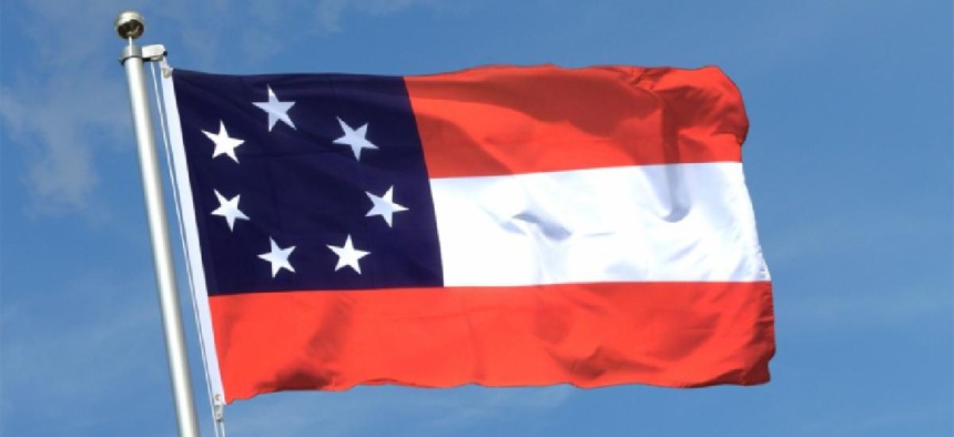 The Confederate States of America "Stars and Bars" flag hung in Harrisburg earlier today.