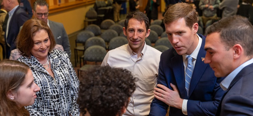 U.S. Rep. Conor Lamb talks with students at Muhlenberg College on Sunday, April 3, 2022.