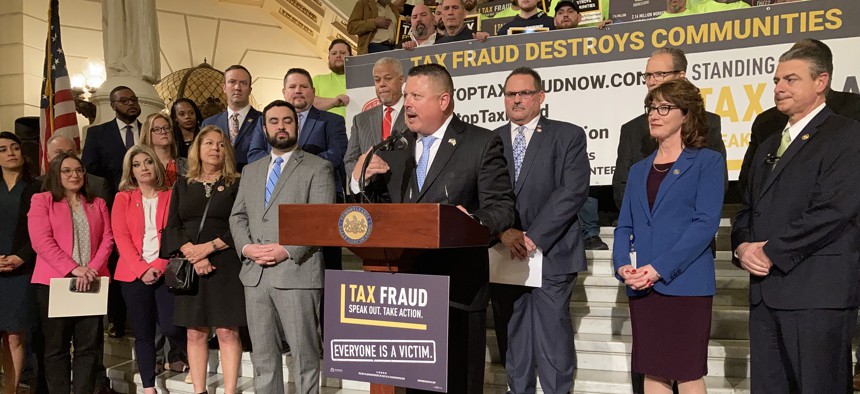 Eastern Atlantic States Regional Council of Carpenters Executive Secretary-Treasurer William Sproule speaks at the state Capitol