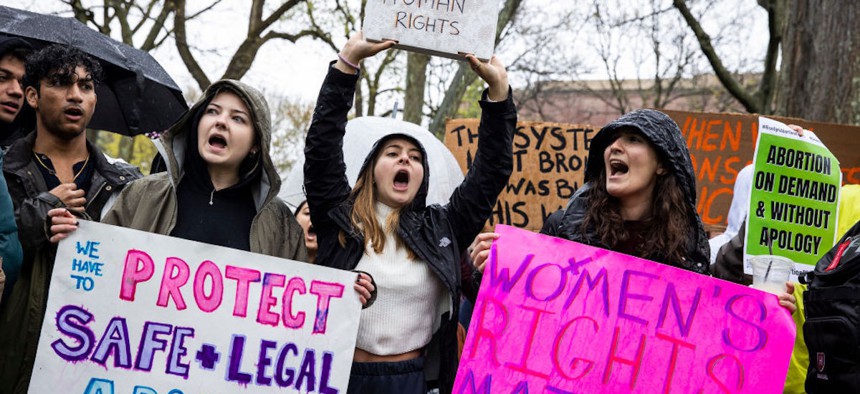 Students rally to defend abortion rights and protest against a leaked draft opinion of the U.S. Supreme Court that would overturn Roe v. Wade on May 4, 2022.