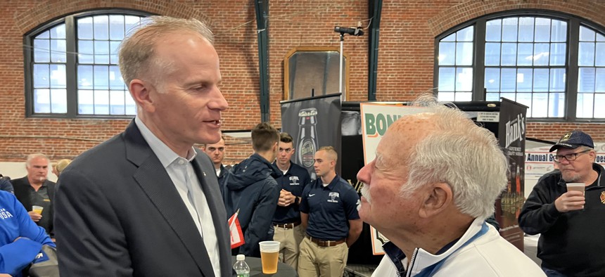 Republican gubernatorial candidate Bill McSwain greets a potential voter