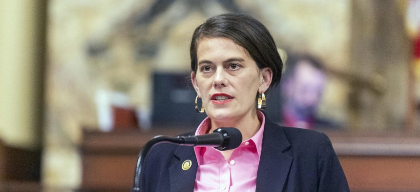 Rep. Liz Fiedler makes comments during the House debate on the 2019-20 state budget.