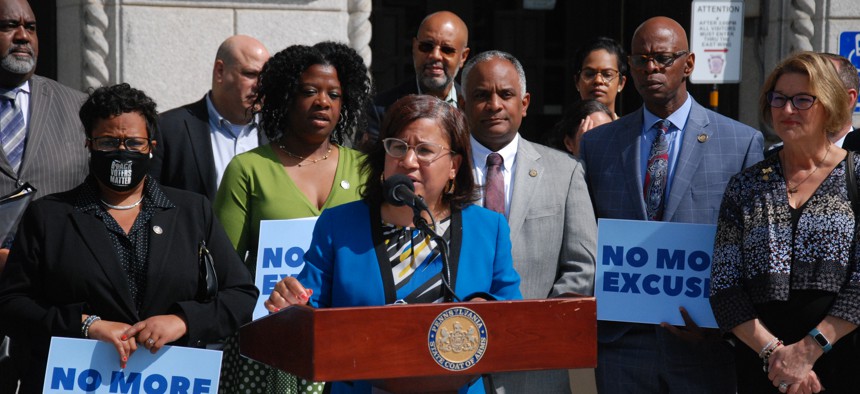 State Rep. Donna Bullock speaks at a press conference on the K. Leroy Irvis Day of Action