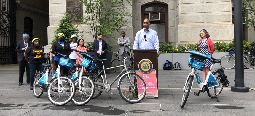 Philadelphia officials speak outside City Hall at Dilworth Park Friday morning.