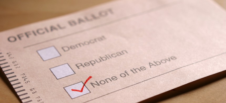 A ballot offering Democrat, Republican, or None of the Above