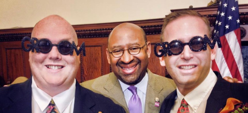 HughE Dillon and Mike Toub are wed at Philadelphia City Hall with then-Mayor Michael Nutter officiating. 