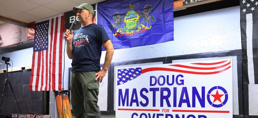 Doug Mastriano speaks during a rally at Archery Addictions on May 13, 2022 in Lehighton, Pennsylvania.