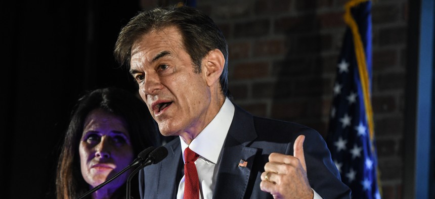 Dr. Mehmet Oz greets supporters after the primary race resulted in an automatic recount due to close results on May 17 in Newtown, Pennsylvania.