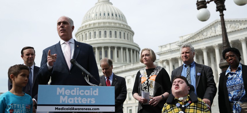 U.S. Sen. Bob Casey speaks during a news conference on health care.