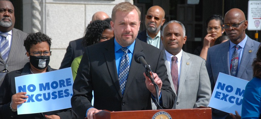 House Speaker Bryan Cutler speaks at a press conference outside the K. Leroy Irvis Office Building