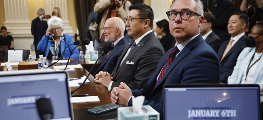 Al Schmidt, (far right) former Philadelphia City Commissioner, testifies during a hearing by the Select Committee to Investigate the January 6th Attack on the U.S. Capitol.