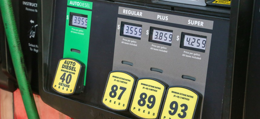 A gas pump at a Sheetz convenience store displays the prices of gasoline and auto diesel.