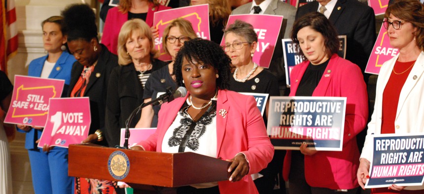 House Democratic Leader Joanna McClinton speaks at a rally on abortion rights