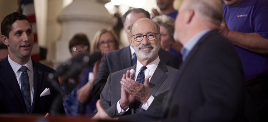 Gov. Tom Wolf at a press conference in Harrisburg.