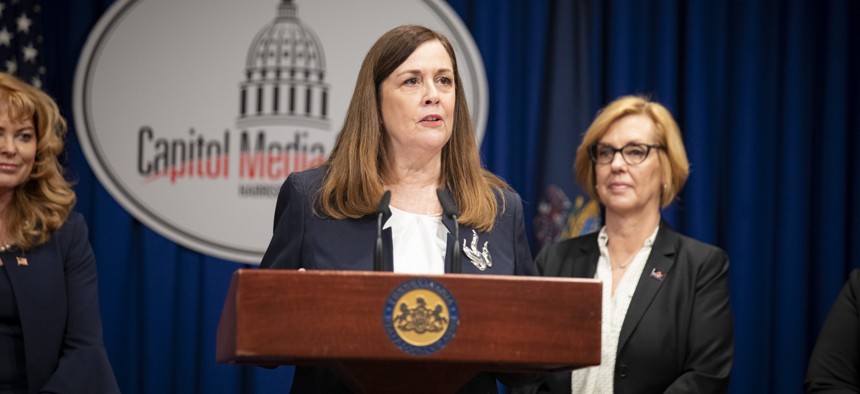 State Sen. Lisa Baker speaking at a press conference in Harrisburg