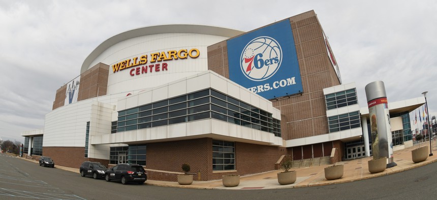 Exterior view of the Wells Fargo Center in South Philadelphia.