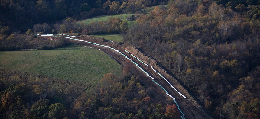 An aerial view shows a natural gas pipeline under construction in October 2017 in Smith Township, Washington County, Pennsylvania.