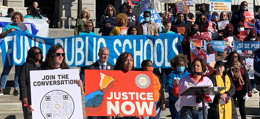Students, parents and education advocates join Children First and Education Voters of Pennsylvania on the steps of the state Capitol to push for more public school funding earlier this year.