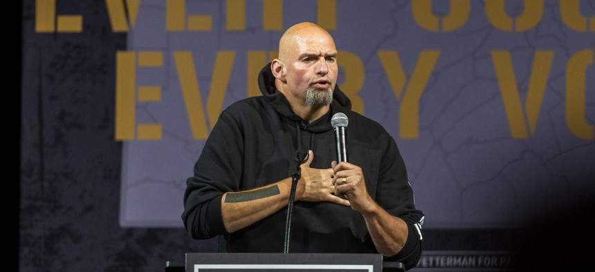 Lt. Gov. John Fetterman speaks during a rally in early August in Erie.