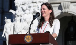 State Rep. Stephanie Borowicz delivers a speech during a rally at the Pennsylvania state Capitol.